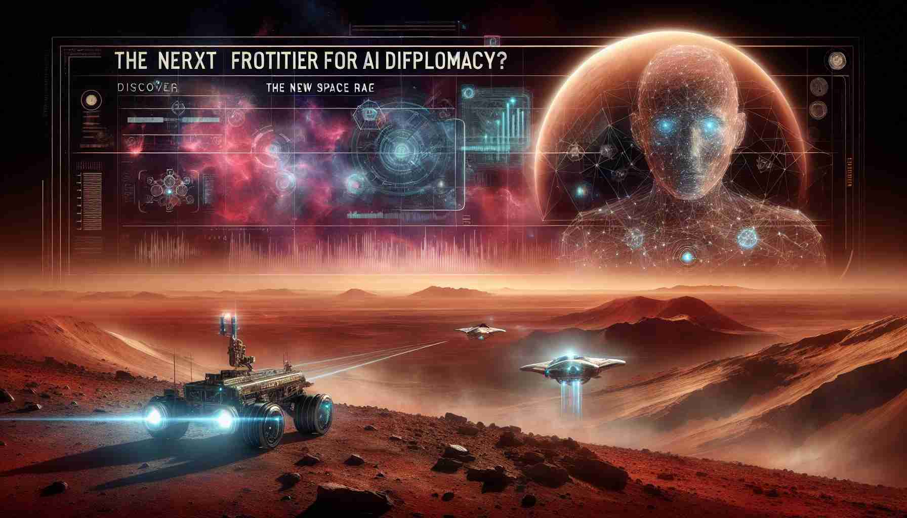 Create a realistic high-definition image representing the concept of AI diplomacy in the next frontier - Mars. Use striking hues of red and brown to represent the Martian surface as the backdrop. In the sky, depict space exploration vehicles, looking futuristic and high-tech. Integrate subtle visual elements that hint at artificial intelligence, like abstract digital interfaces or holographic charts depicting technological progress. Make sure to captivate the anticipation and excitement of the new space race. The title 'The Next Frontier for AI Diplomacy? Discover the New Space Race' should be creatively incorporated in the image.