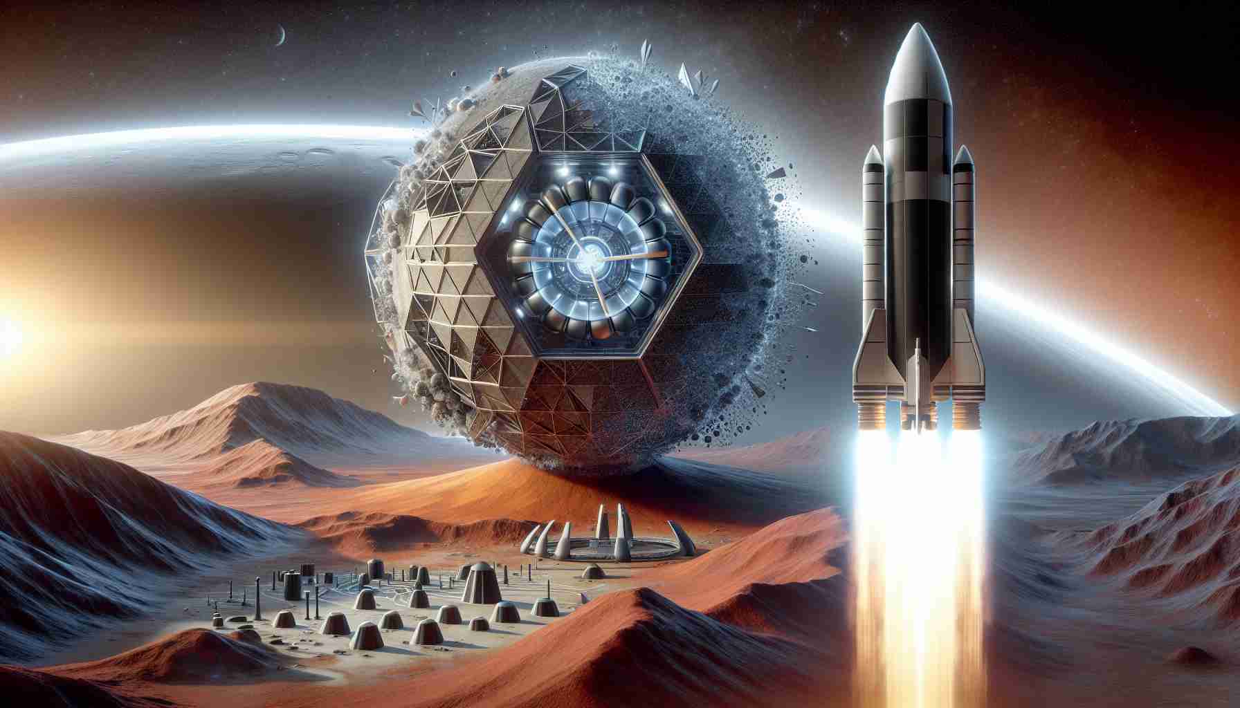 Generate a realistic high-definition image depicting the concept of NASA's mars mission being in jeopardy and the uncertainty surrounding it. Let the scene depict a model of mars, marred with potential obstacles and challenges. Next to it, show a representative imagery suggesting Rocket Lab's potential capabilities as the deliverer of the future, perhaps a futuristic rocket emitting a powerful thrust.