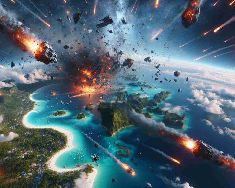 A highly detailed, realistic image of a catastrophic event in outer space. Numerous fragments of a malfunctioned spacecraft are falling through the atmosphere towards an idyllic, paradise-like location on Earth. The sky is ablaze with streaks of fiery debris lighting up against a contrasting serene landscape with lush greenery, crystal-clear bodies of water and white-sandy beaches from a birds-eye view perspective.