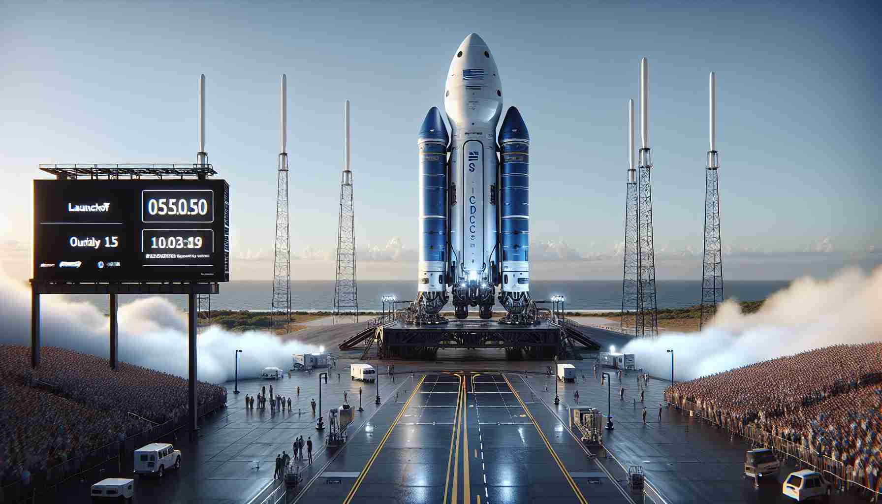 Realistic, high-definition representation of a blue and white commercial spacecraft on a launchpad, ready for liftoff. The sky overhead is clear, signaling ideal conditions for the journey, and the supportive crowd nearby is buzzing with anticipation. A digital display board nearby shows a countdown to the milestone event, the launch of this impressive vehicle into space. The sleek, aerodynamic craft stands tall on the pad, reflecting the morning sun on its metallic surfaces. The scene captures the excitement and promise of private space exploration.