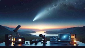 A high-definition, realistic image showcasing the visualization of the new comet named C/2024 G3 on the horizon. The image portrays the comet's picturesque journey across the twilight sky, as seen from Earth. In addition, capture the essence of how modern technology assisted in its discovery, with devices such as high-powered telescopes and advanced computer programs featured in the scene.