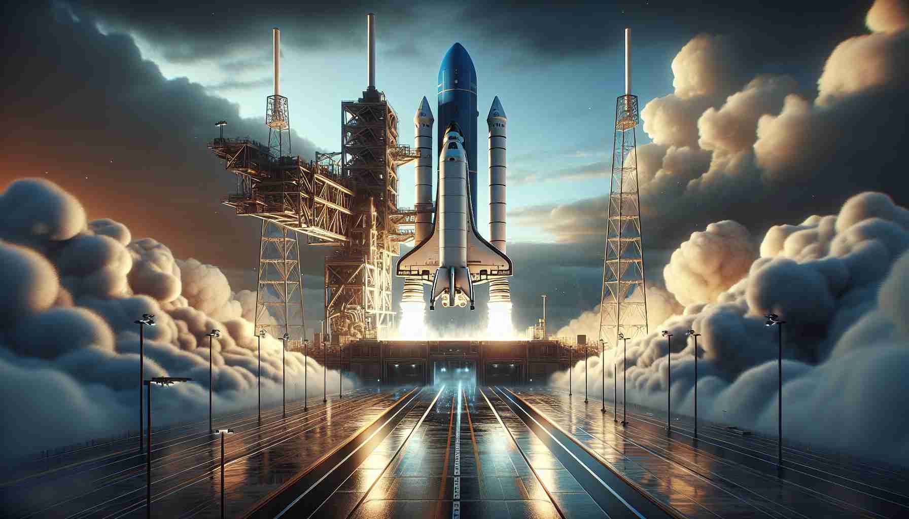 A realistic, high definition image portraying the anticipation-filled moment just before the launch of a commercial space shuttle by a prominent private space exploration company. The scene captures the launchpad in vivid detail, with support structures and exhaust condensation. The shuttle itself, colored a striking blue, stands proud and tall. The sky above is riddled with interesting cloud formations, heightening the drama of the impending momentous launch.