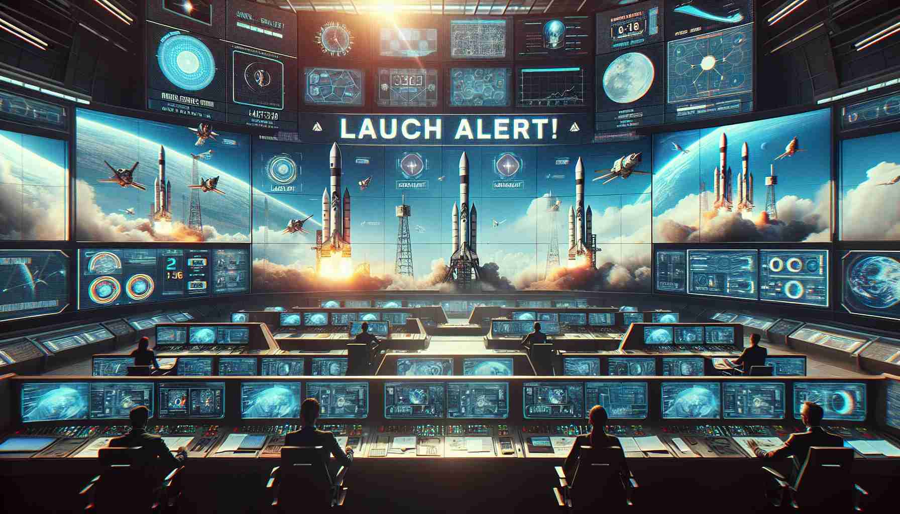 Generate a high-definition, realistic image showcasing an imminent space event. The image should depict a mission command center filled with high-tech screens displaying detailed information, countdown timers, and space charts. There is palpable tension and excitement in the air as scientists and engineers of various descent and gender prepare for the groundbreaking event. In the background, space rockets stand tall against a clear blue sky, ready to explore the infinite expanse of the universe. Overlay the image with the bold, dynamic text, 'Launch Alert! Get Ready for a Groundbreaking Space Event!'