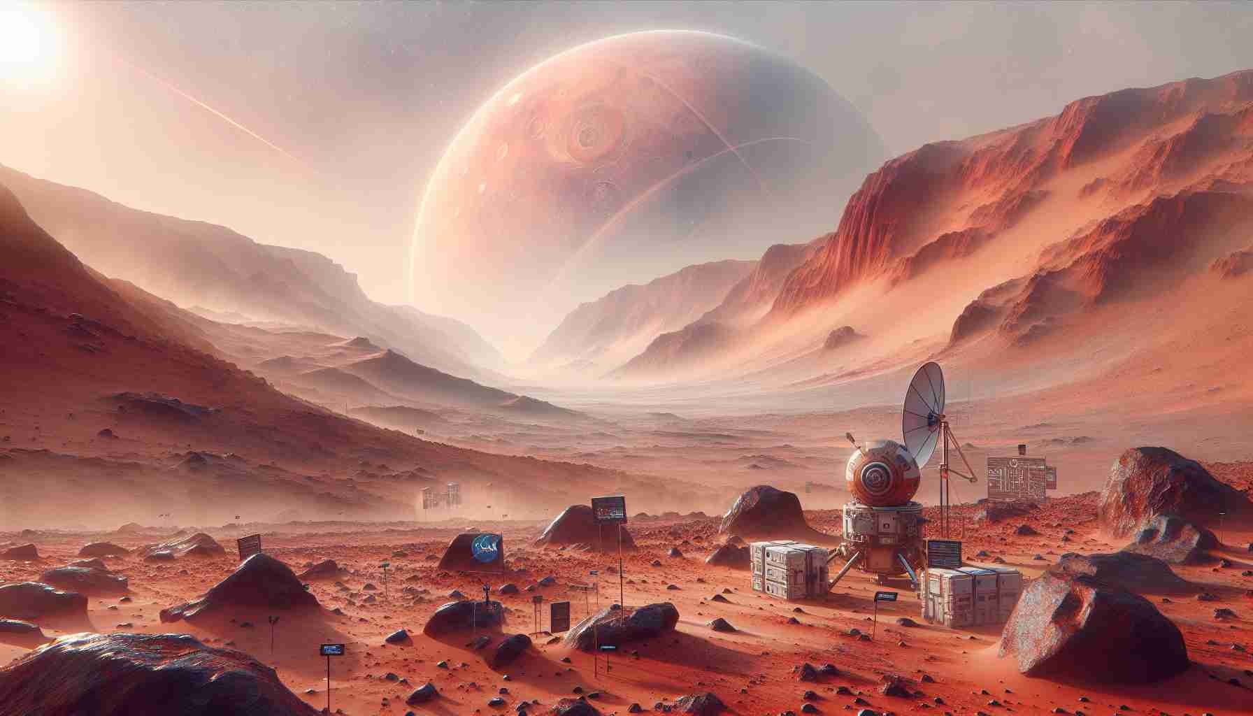 High definition, realistic image of NASA's fascinating venture: Mars. The scene showcases untouched Martian surfaces with hidden secrets and carefully tagged samples for human exploration. The atmosphere is a vibrant red-orange, characterized by dust storms. Rocks and mountains dot the landscape, indicating geological features. The sky, a pale almost watercolor-washed blue, adds to the untouched, otherworldly beauty. The NASA logo prominently emblazoned on the scientific equipment signifies the unwavering spirit of exploration and discovery. The whole scene evokes a sense of suspense, as if the secrets of Mars are about to be unraveled.