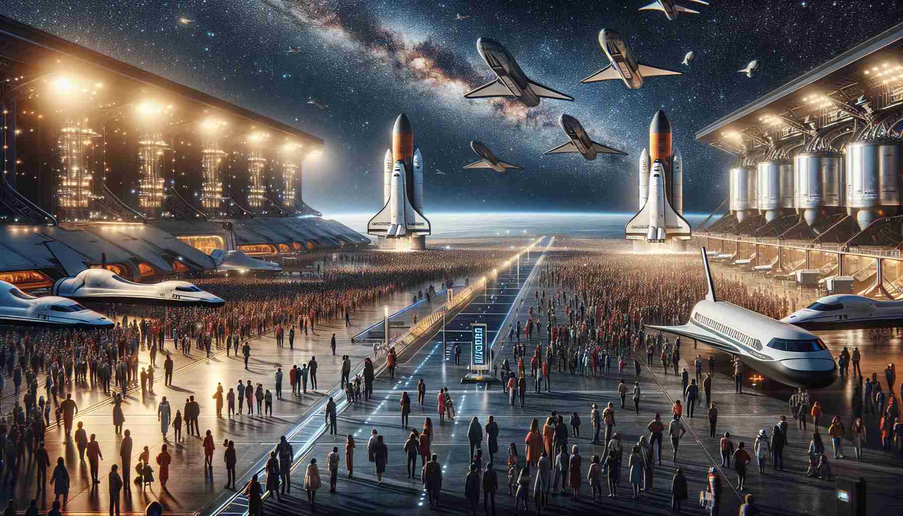 A highly detailed and realistic image of space tourism. This scene depicts an expansive spaceport with advanced futuristic shuttles poised dominantly for departure, against the starry canvas of outer space. A diverse crowd of human travelers, of different races and genders, eagerly gather to embark on their journey. The mood is electrifying, encapsulating the enthusiasm for this monumental leap in human achievement. There is a prominent sign reading, 'Ready for Launch? Unraveling the Next Big Leap', serving as a thrilling call for these adventurers. This image showcases the next frontier of exploration, hinting at the promise of the cosmos.