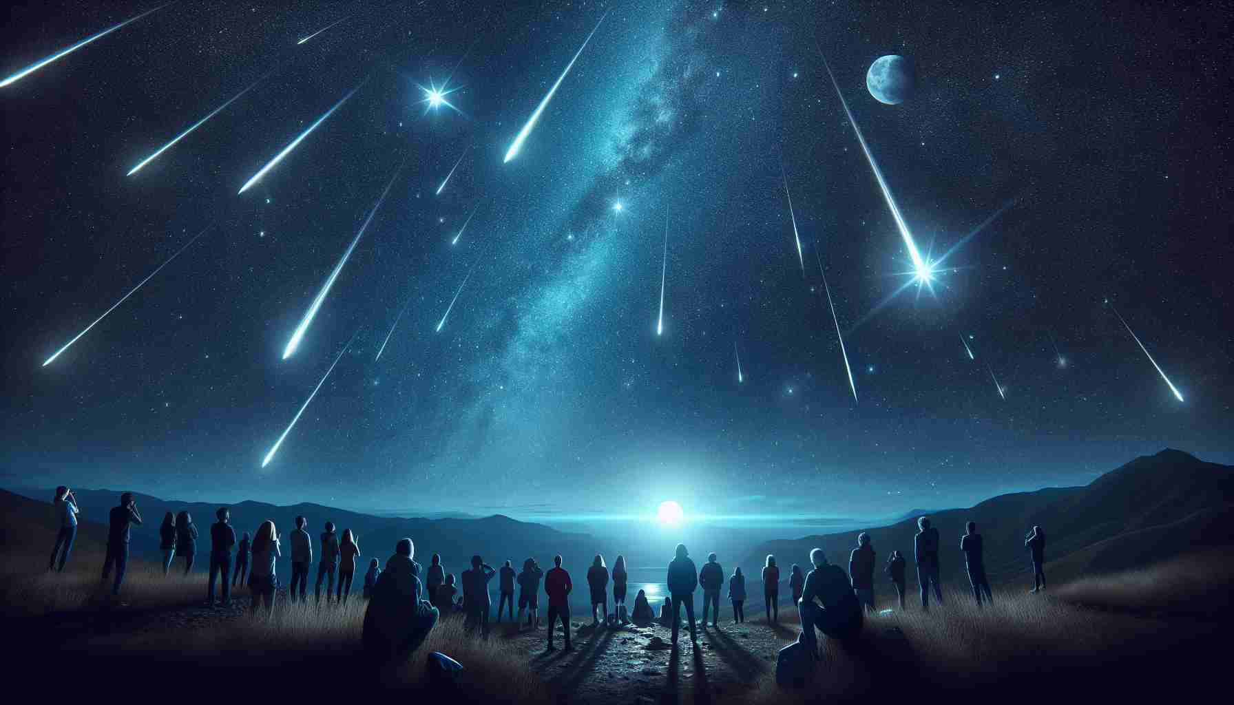 Generate a high-definition, realistic image of the breathtaking Quadrantid meteor shower gracing the star-lit sky. Spectators are watching this spectacular event, with varying expressions of awe, curiosity, and joy clearly visible on their faces. Capture the important details such as streaks of light shooting across the sky, stars twinkling in the background, and perhaps the moon adding its silver glow to the mystical scene. The atmosphere should be calm and serene with only a hint of activity from the spellbound crowd. Please note, the date or reference to any specific time should not be included in the image.