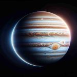 A high-definition, realistic portrayal of the planet Jupiter, shining bright in the pitch-black night sky. The celestial body radiates with a mesmerizing glow and distinctive bands of color, magnified by innovative astronomical technology. This viewing experience captures the thrill of space exploration from Earth.