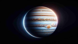 A high-definition, realistic portrayal of the planet Jupiter, shining bright in the pitch-black night sky. The celestial body radiates with a mesmerizing glow and distinctive bands of color, magnified by innovative astronomical technology. This viewing experience captures the thrill of space exploration from Earth.