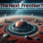 Create a high definition, realistic imagery of Mars as it is envisioned in the future. This image should depict the evolution of the Red Planet brought about by revolutionary technologies. The transformation should be profound, signifying a new frontier in space exploration. Include elements like advanced habitats, rovers, or other technology suggesting human presence or exploration. The headline 'The Next Frontier? Revolutionary Tech Promises a Red Planet Evolution' should appear prominently on the image, hinting toward an optimistic future vision of Mars.