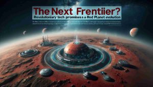 Create a high definition, realistic imagery of Mars as it is envisioned in the future. This image should depict the evolution of the Red Planet brought about by revolutionary technologies. The transformation should be profound, signifying a new frontier in space exploration. Include elements like advanced habitats, rovers, or other technology suggesting human presence or exploration. The headline 'The Next Frontier? Revolutionary Tech Promises a Red Planet Evolution' should appear prominently on the image, hinting toward an optimistic future vision of Mars.