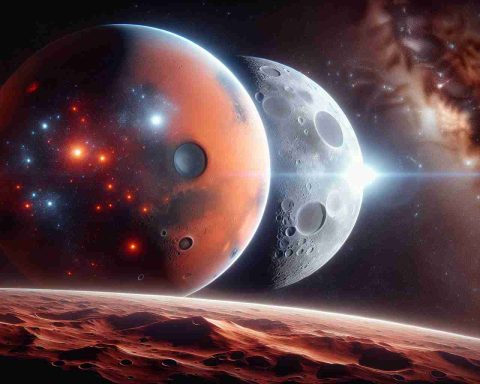 A highly detailed and realistic representation of the Red Planet, Mars, seen in close proximity to a gleaming silver satellite. The scene suggests a future possibility where Mars and Earth's Moon collaborate in space missions, indicating advanced technology and extraordinary human achievements. Please include stunning details of Mars' surface with its iconic reddish hue and Earth's moon with its well-known craters, both situated against the expanse of the cosmos filled with stars and galaxies.