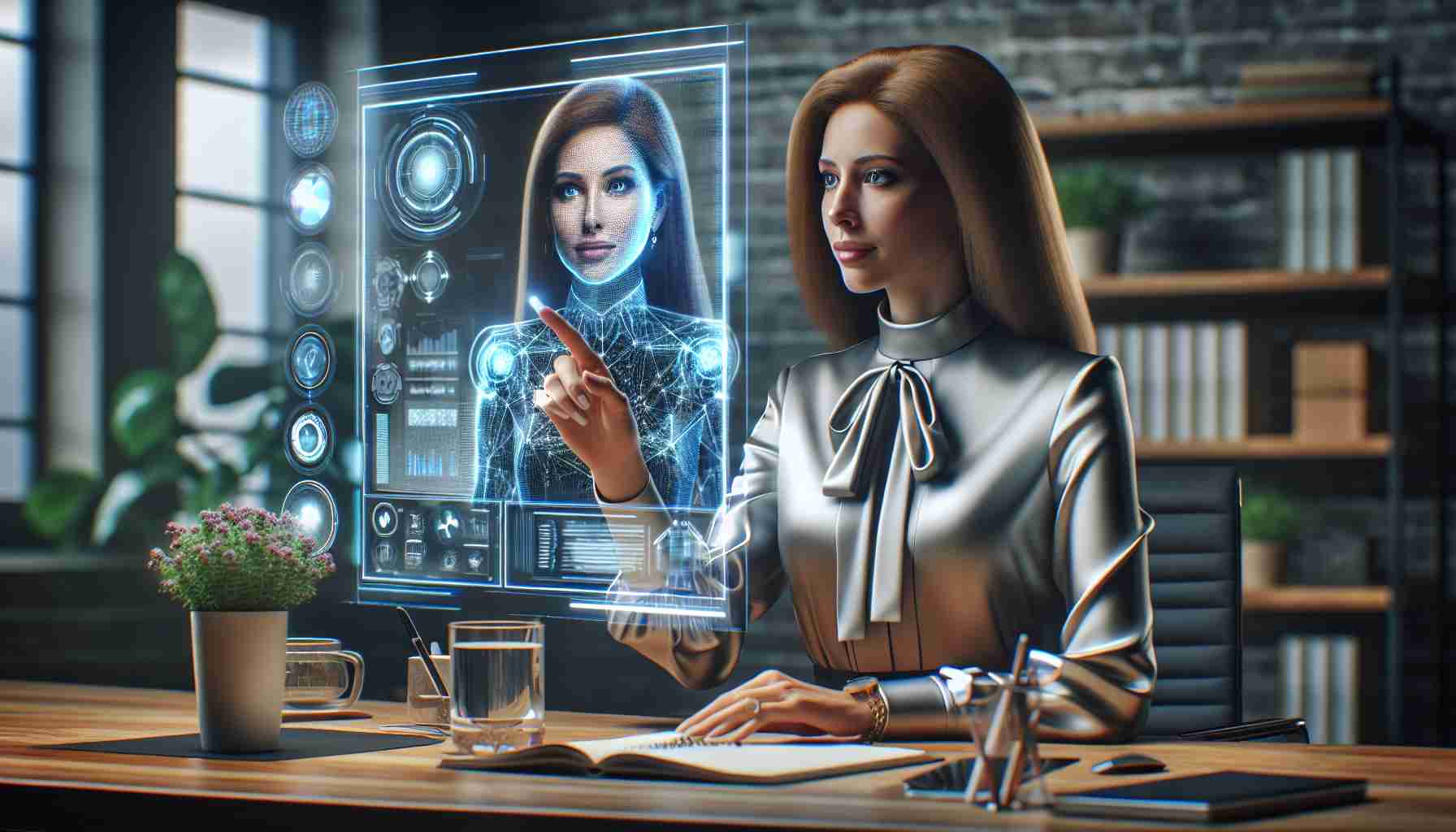 Realistic HD photo representing the concept of a future tech-savvy influence by a female public figure, who exudes charm and elegance similar to popular figures of our time. She is seen interacting with cutting edge technology, possibly addressing audiences through a holographic presentation. Throughout the depiction, it is clear she's a person of influence and style, her attire reflecting modern, classy sophistication.