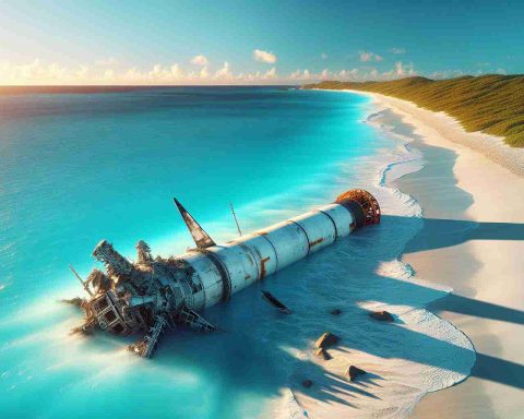 Highly detailed and realistic image of a surprising event in the Caribbean. Remnants from an unidentified space agency's rocket have fallen onto the striking turquoise shores. The debris contrasts against the otherwise pristine landscape, leaving an eerie silence. The sun is setting in the distance, casting long shadows on the fascinating scene.